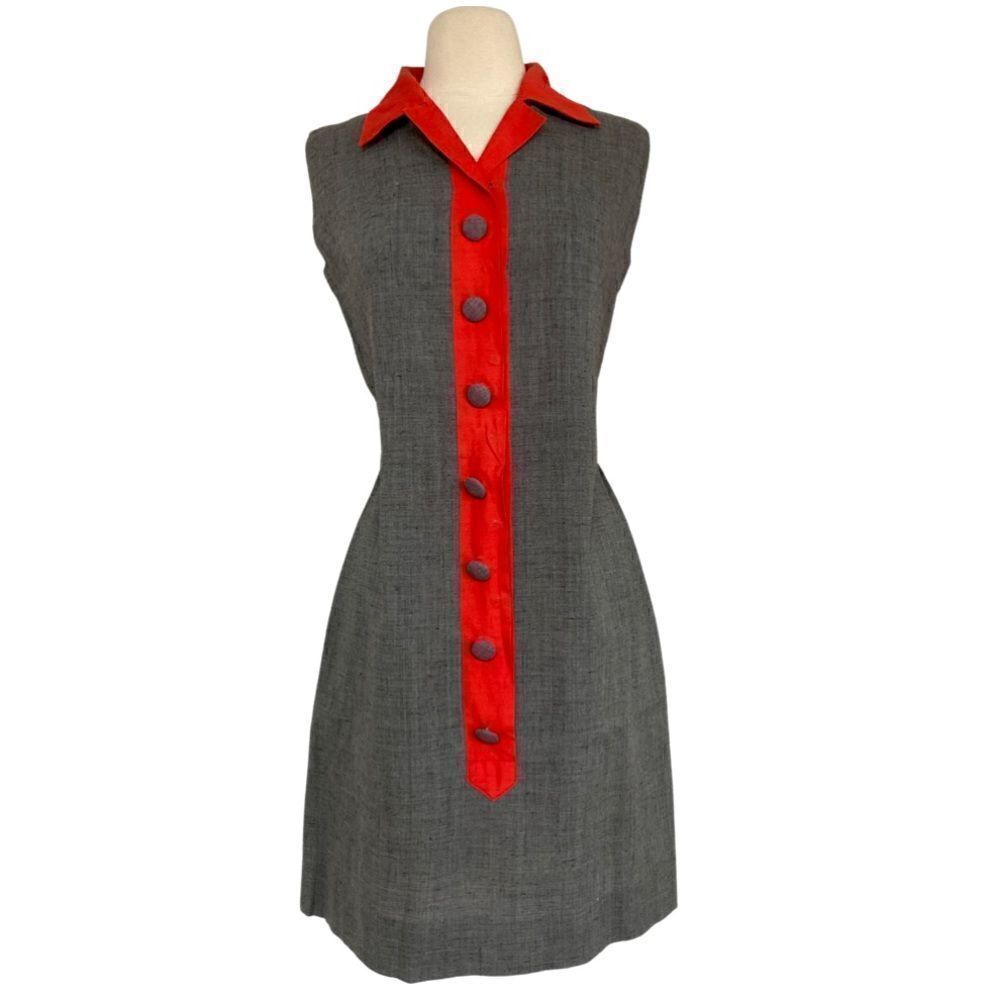 Mod 60s One of a Kind Twiggy Style Handmade Gogo Collared Sleeveless Shirt Dress